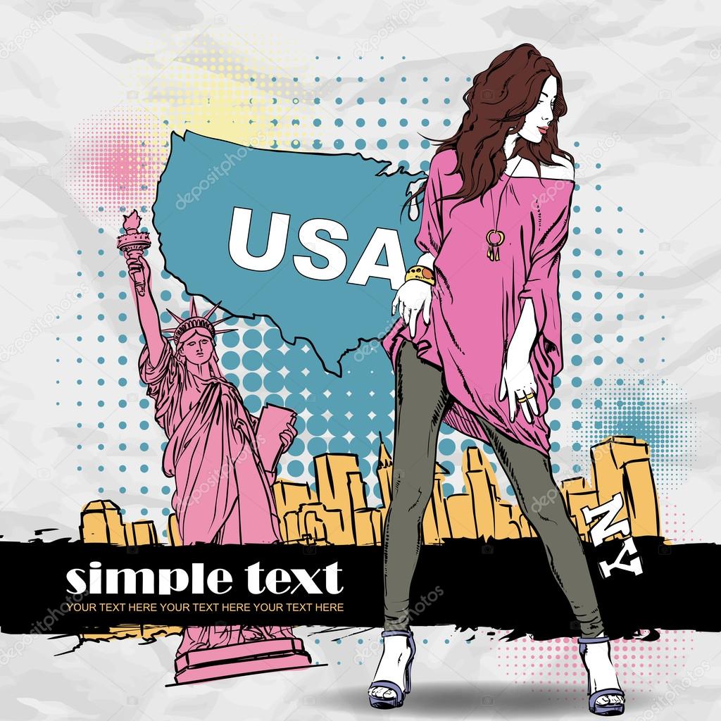 Cute girl in sketch-style on a usa background