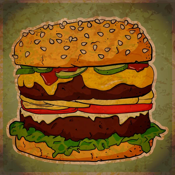Vintage scratched background with cartoon Ham Burger. — Stock Vector