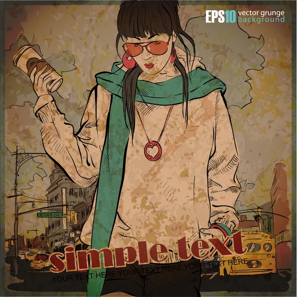 Ilustración vintage con chica de moda en un fondo de calle — Vector de stock