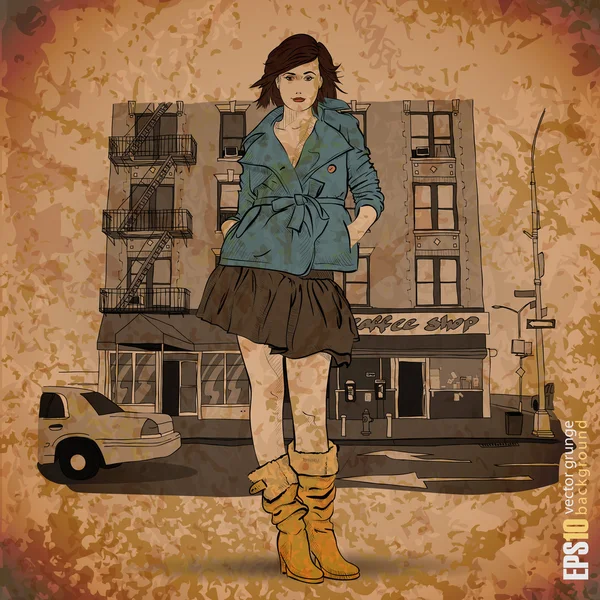 Ilustración vintage con chica de moda en un fondo de calle — Vector de stock