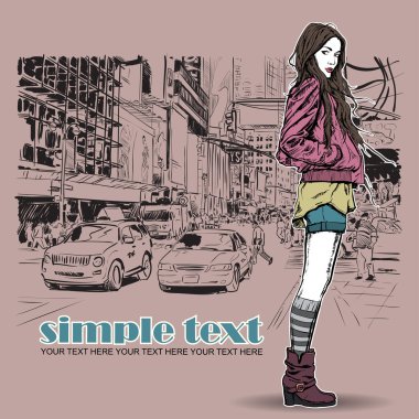 sevimli genç moda kız sokak arka plan üzerinde.