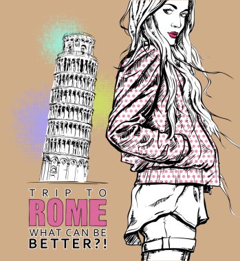 İtalyan bir arka plan üzerine eskiz tarzı kız