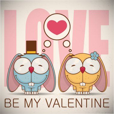 Sevgililer günü tebrik kartı ile tavşan karakter karikatür.