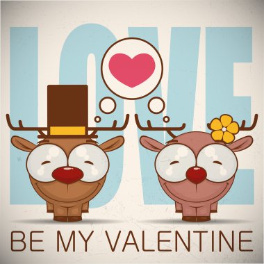 Sevgililer günü tebrik kartı ile geyik karakter karikatür.
