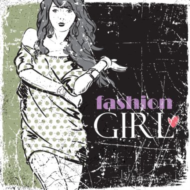 Kız çok güzel moda Vintage vektör çizim.