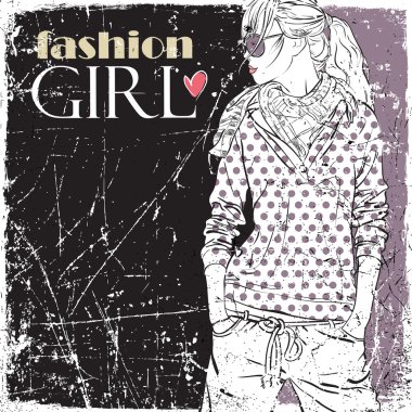 Kız çok güzel moda Vintage vektör çizim.