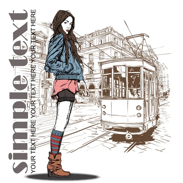 Fashion girl and old tram. — Stock Vector