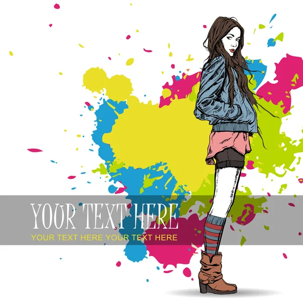 Young girl in sketch-style on a grunge background — Stock Vector