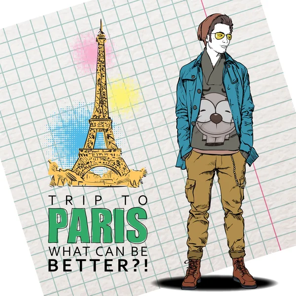 Young stylish guy on a eiffel tower background. — Stock Vector