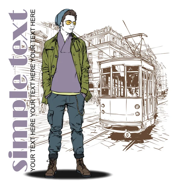 EPS10 vector illustration of a young stylish guy and old tram. — Stock Vector
