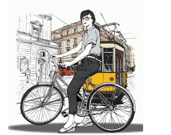 Mode fille et vieux tram — Image vectorielle