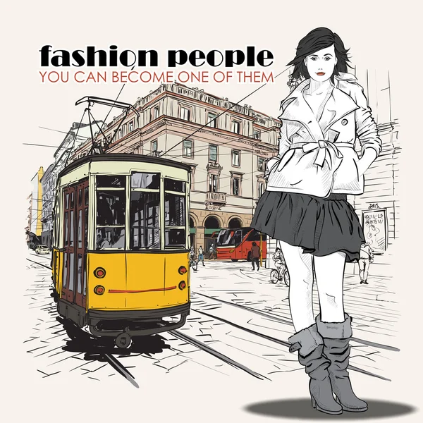 Vector illustration of a pretty fashion girl and old tram. — Stock Vector