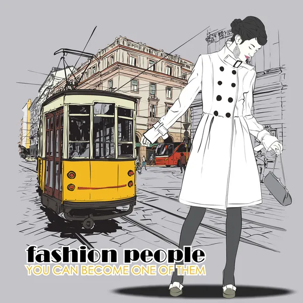 Vector illustration of a pretty fashion girl and old tram. — Stock Vector