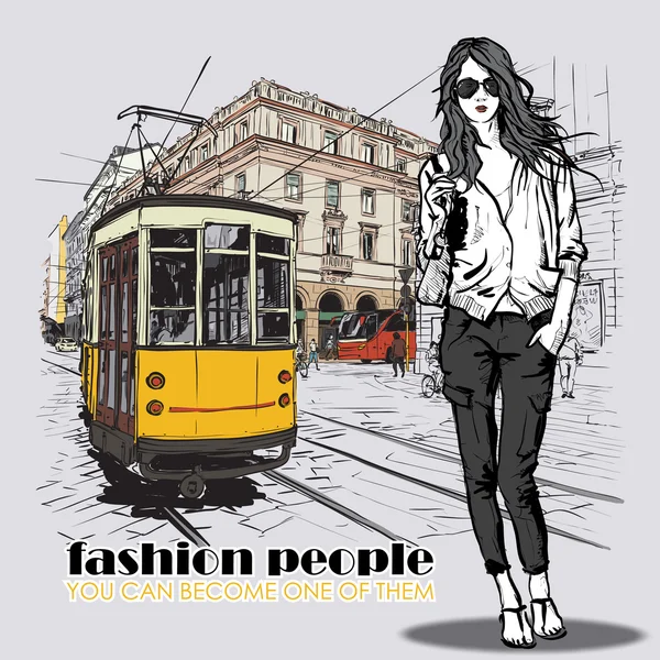 ファッションでかなりの女の子と古い路面電車のベクトル イラスト. — ストックベクタ