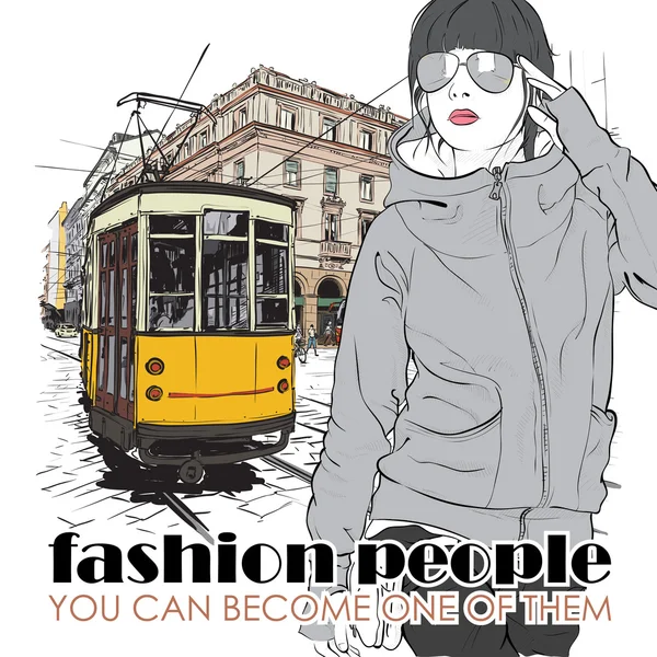 EPS10 vector illustration of a pretty fashion girl and old tram. — Stock Vector