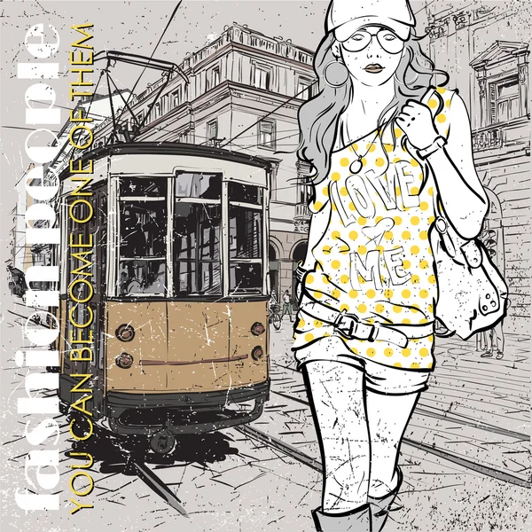Illustration vectorielle d'une jolie fille de la mode et du vieux tram . — Image vectorielle