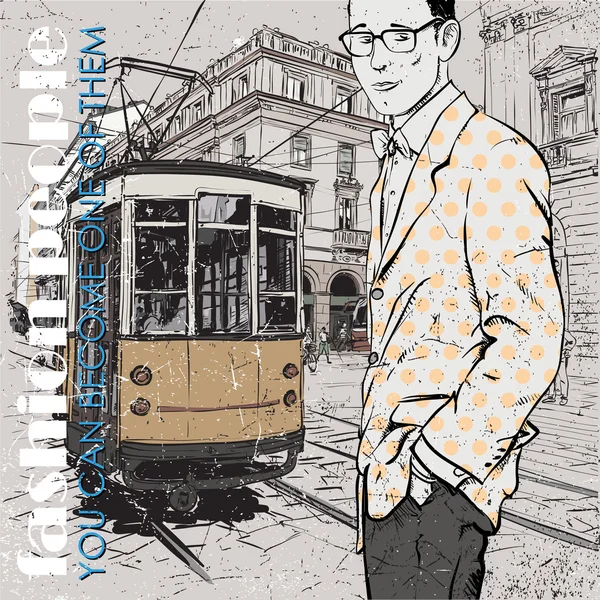 Illustrazione vettoriale di un giovane ragazzo alla moda e vecchio tram . — Vettoriale Stock