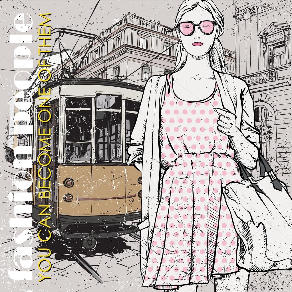 Vector illustration of a pretty fashion girl and old tram.
