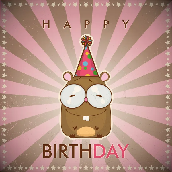Happy birthday greeting card with funny cartoon hamster. — Stock Vector