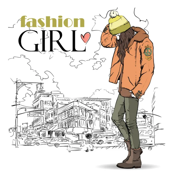 Menina da moda em um fundo de rua —  Vetores de Stock