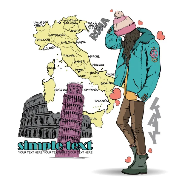 Chica de invierno en un fondo italiano — Vector de stock