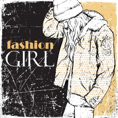 Kız çok güzel moda Vintage vektör çizim.