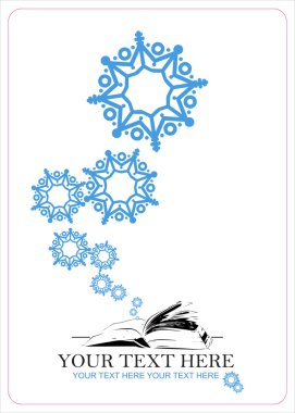 Açık kitap ve kar taneleri tasarlamak vektör çizimi.