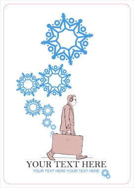 Erkekler seyahat çantası ve kar taneleri tasarlamak vektör çizim.