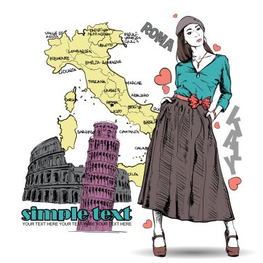 güzel bahar kız kroki tarzı bir İtalyan arka planda.