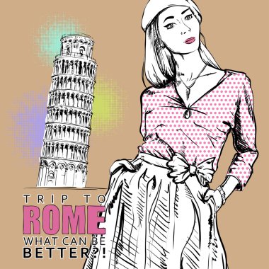 Cute bahar kız kroki tarzı bir İtalyan arka planda.