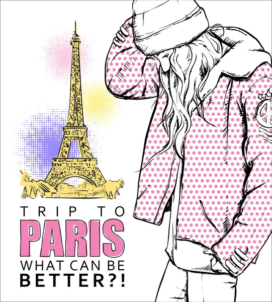 Flicka i skiss-stil på en Eiffeltornet — Stock vektor
