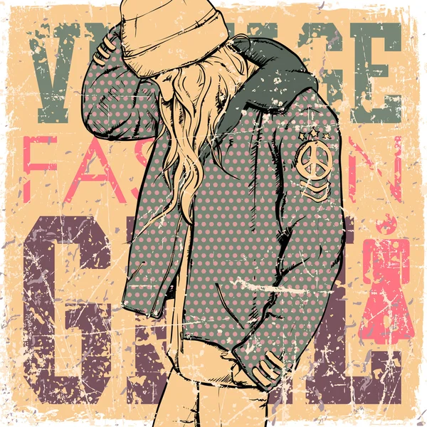 Chica joven en estilo de boceto sobre un fondo grunge — Vector de stock