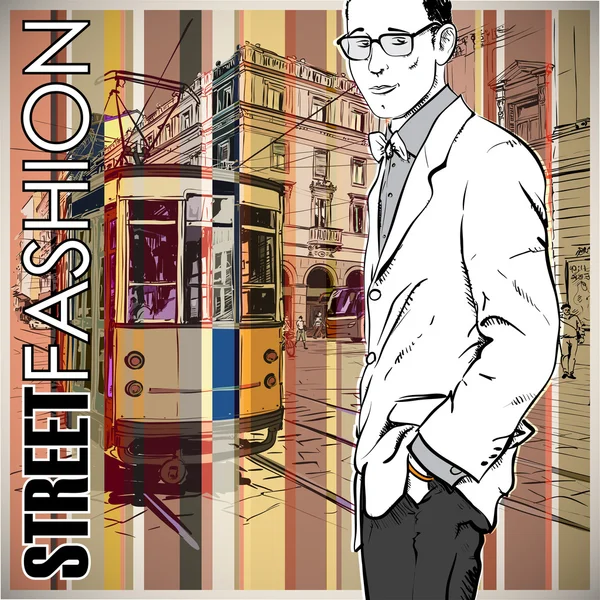 Illustration vectorielle d'un jeune homme élégant et vieux tram . — Image vectorielle