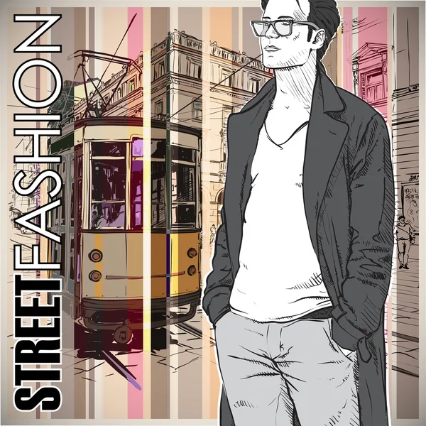 Stylish guy and old tram — Stock Vector