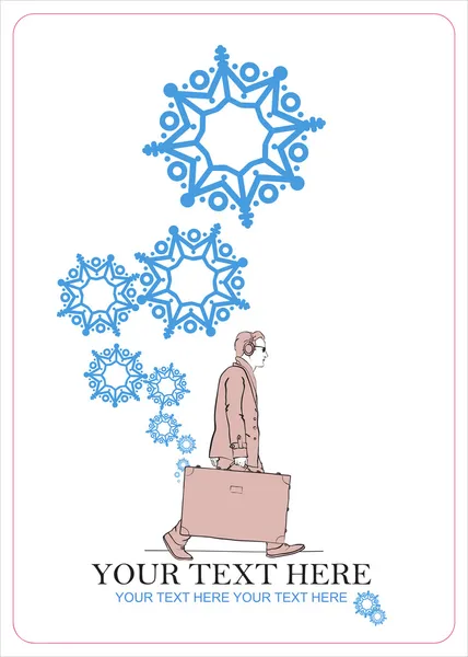 Abstract vector illustration of men with travel bag and snowflakes. — Stock Vector