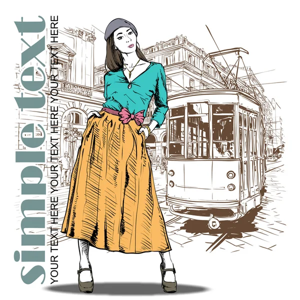 Vector illustration of a pretty fashion girl and old tram. — Stock Vector