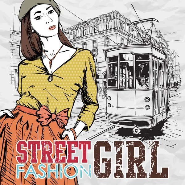 Moda güzel kız ve eski tramvay vektör çizimi. — Stok Vektör