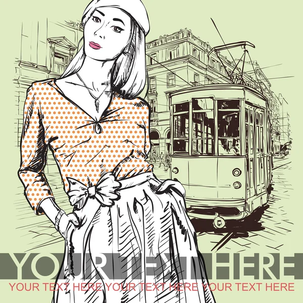 Pretty fashion girl and old tram. — Stock Vector