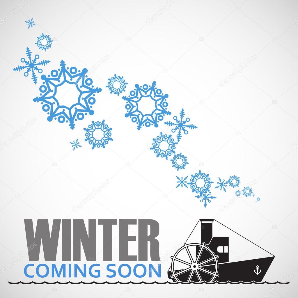 Abstract vector illustration of steamship and snowflakes.