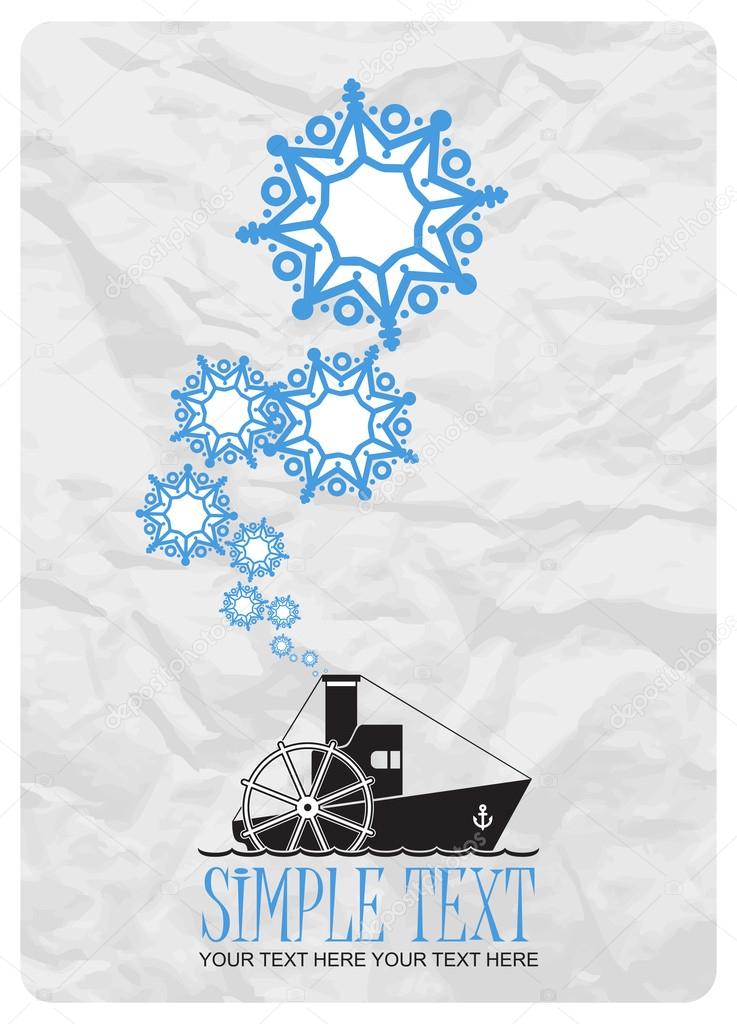 Abstract vector illustration of steamship and snowflakes.