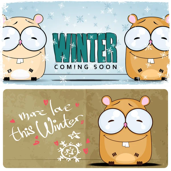 Winterkarte mit Cartoon-Hamster — Stockvektor