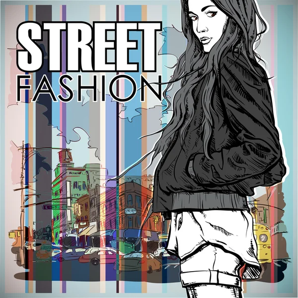 Chica de moda en un fondo de calle — Vector de stock
