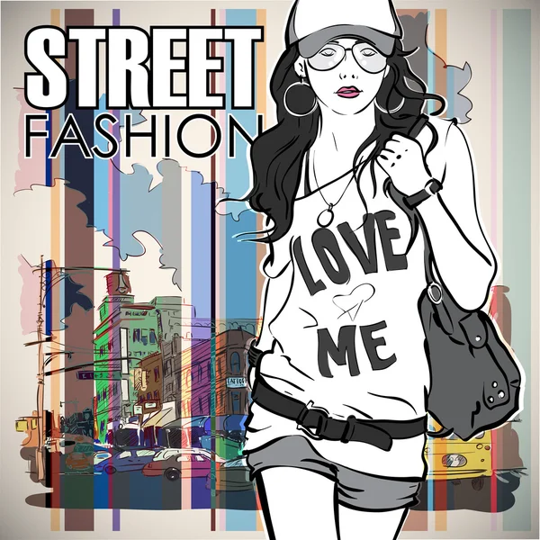 Menina da moda em um fundo de rua — Vetor de Stock