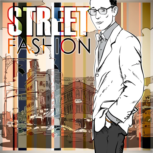 Stylish guy on a street-background — Stock Vector