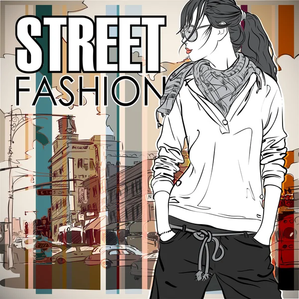Mode Mädchen auf einer Straße Hintergrund — Stockvektor