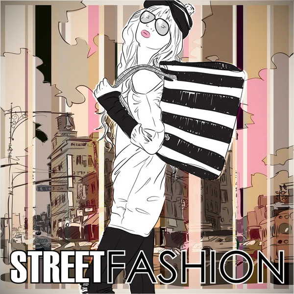 ストリートを背景にしたファッションガール — ストックベクタ