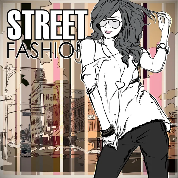 Fata de moda pe un fundal de stradă — Vector de stoc