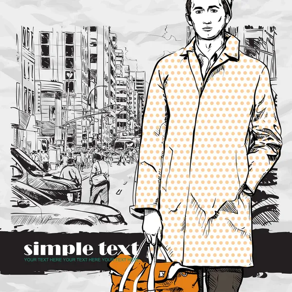 时尚的男人，与华尔街背景上的包 — 图库矢量图片