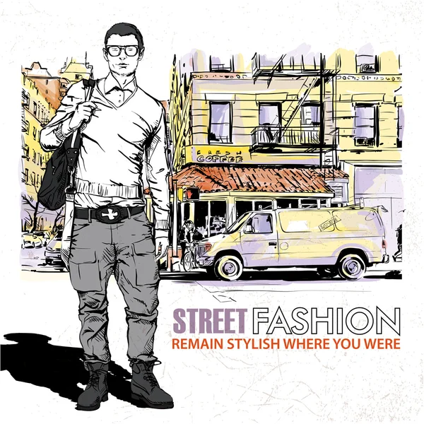 Stylish dude on a street-background — Stock Vector