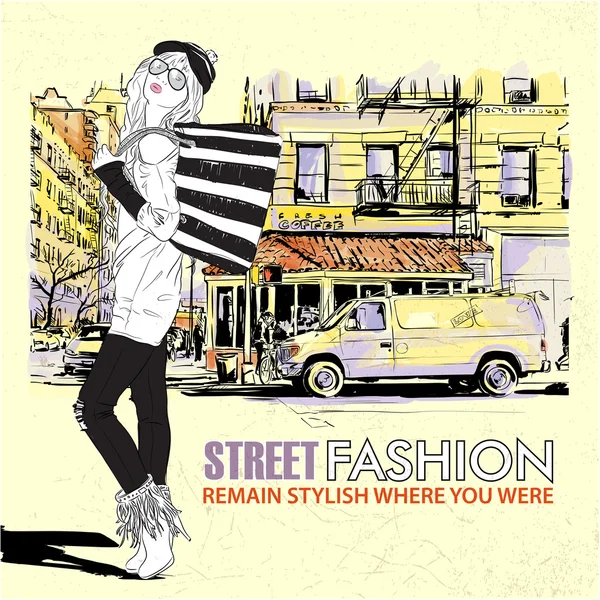 Chica de moda en un fondo de calle — Vector de stock